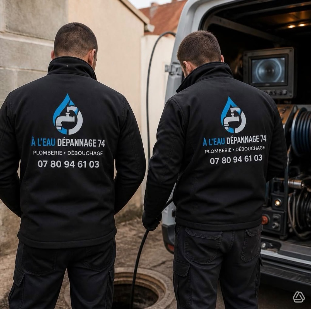 Techniciens À L'Eau Dépannage 74 de dos avec logo brodé sur la veste de travail