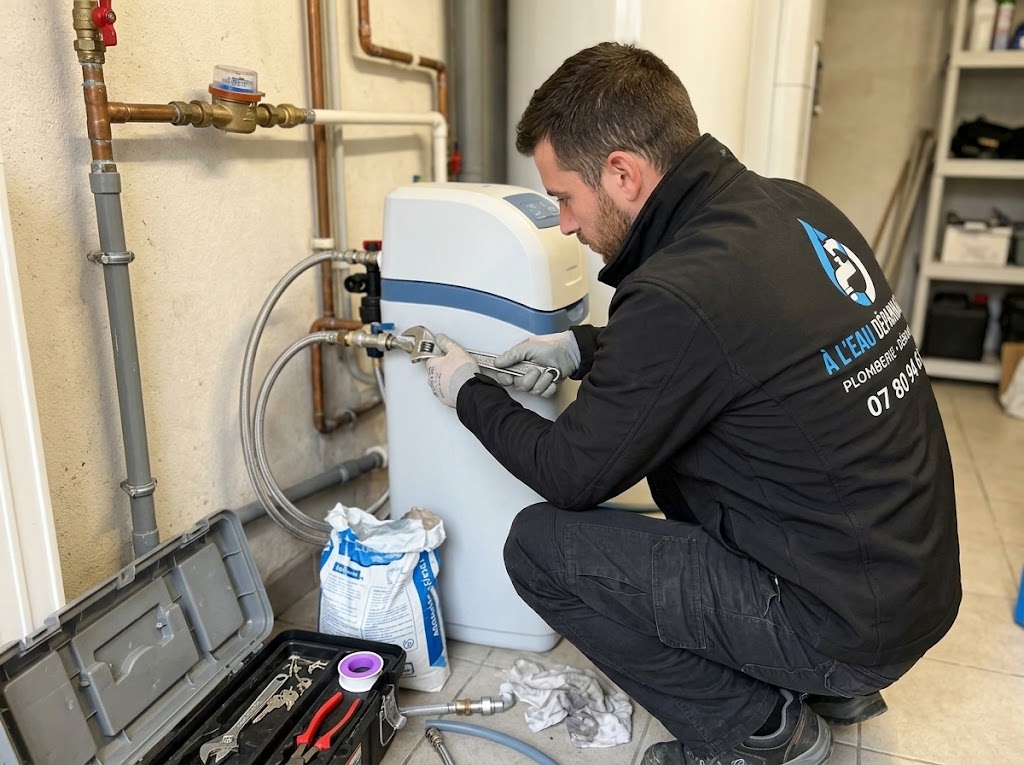 Artisan plombier installant un adoucisseur d'eau