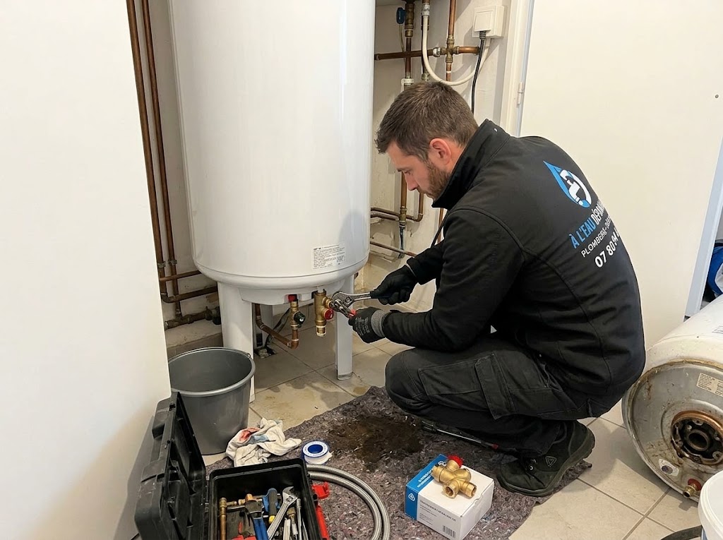 Artisan plombier réparant un ballon d'eau chaude cumulus