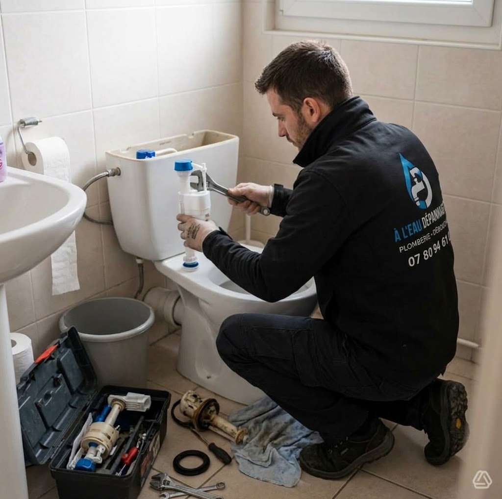 Artisan plombier réparant une chasse d'eau et mécanisme WC